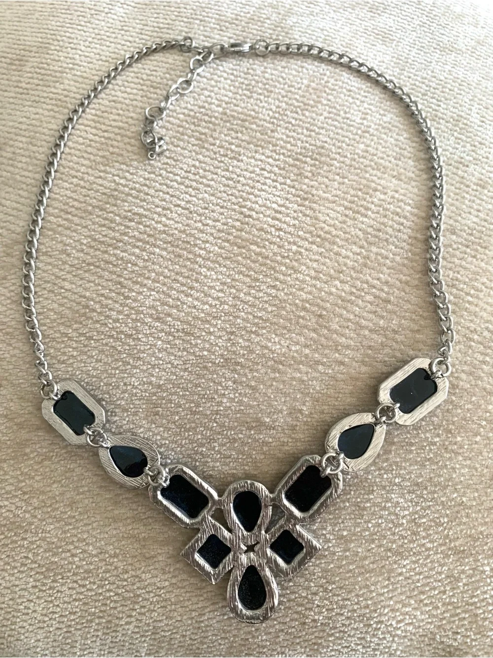 Women's Silver-Tone Blue Stone Costume Bib Style Necklace Approx 11”  Adjustable